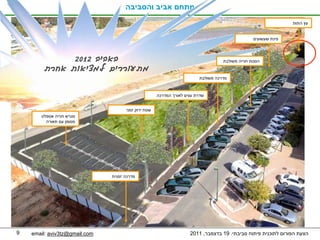 ‫מתחם אביב והסביבה‬
                                                                                                               ‫עץ התות‬


                                                                                                ‫פינת שעשועים‬



              ‫באביב 2102‬                                                          ‫הסטת חנייה משולבת‬
        ‫מתעוררים למציאות אחרת‬
                                                                        ‫מדרכה משולבת‬


                                                     ‫שדרת עצים לאורך המדרכה‬


                                     ‫שטח ירוק זמני‬
       ‫מגרש חנייה אספלט‬
         ‫מסומן עם תאורה‬




                               ‫מדרכה זמנית‬




‫9‬   ‫‪email: aviv3tz@gmail.com‬‬                                        ‫הצעת הפורום לתוכנית פיתוח סביבתי. 91 בדצמבר, 1102‬
 