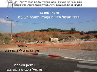 ‫צומת אסירי ציון/ הנשיאים - החצר האחורית של בית הספר ה"ירוק" )1(‬
     ‫מפגעים: פסולת בניה וצנרת זרוקה, תשתית חשמל מיושנת, כביש משובש‬


                    ‫ומכאן מערבה‬
        ‫כבלי חשמל תלויים ועמודי תאורה רעועים‬




     ‫אווופס!‬
‫איך נגמרה לי המדרכה‬


    ‫ומכאן מערבה‬
‫מתחיל הכביש המשובש‬
 