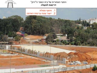 ‫החצר האחורית של בית הספר ה"ירוק"‬
             ‫דרישות לפעולה‬

           ‫1. איסוף פסולת‬
‫2. יישור שטח ערימות האדמה‬
 