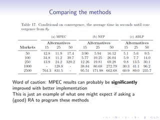 Comparing the methods




Word of caution: MPEC results can probably be signi…cantly
improved with better implementation
This is just an example of what one might expect if asking a
(good) RA to program these methods
 