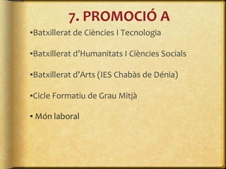 7. PROMOCIÓ A
▪Batxillerat de Ciències I Tecnologia
▪Batxillerat d’Humanitats I Ciències Socials
▪Batxillerat d’Arts (IES Chabàs de Dénia)
▪Cicle Formatiu de Grau Mitjà
▪ Món laboral
 