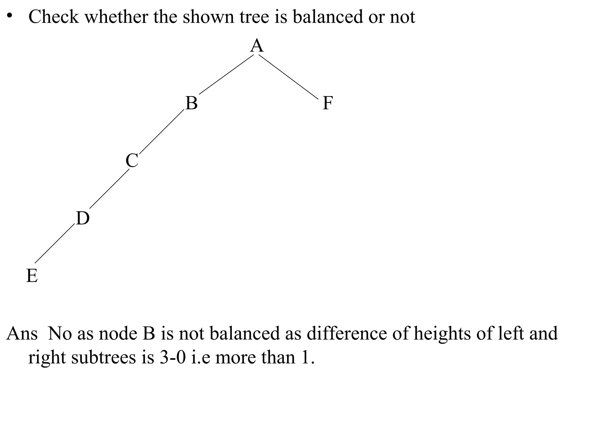 • Check whether the shown tree is balanced or not 
A 
B F 
C 
D 
E 
Ans No as node B is not balanced as difference of heights of left and 
right subtrees is 3-0 i.e more than 1. 
 