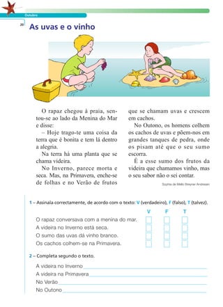 Outubro
As uvas e o vinho20
O rapaz chegou à praia, sen-
tou-se ao lado da Menina do Mar
e disse:
– Hoje trago-te uma coisa da
terra que é bonita e tem lá dentro
a alegria.
Na terra há uma planta que se
chama videira.
No Inverno, parece morta e
seca. Mas, na Primavera, enche-se
de folhas e no Verão de frutos
que se chamam uvas e crescem
em cachos.
No Outono, os homens colhem
os cachos de uvas e põem-nos em
grandes tanques de pedra, onde
os pisam até que o seu sumo
escorra.
É a esse sumo dos frutos da
videira que chamamos vinho, mas
o seu sabor não o sei contar.
Sophia de Mello Breyner Andresen
1 – Assinala correctamente, de acordo com o texto: V (verdadeiro), F (falso), T (talvez).
V F T
O rapaz conversava com a menina do mar.
A videira no Inverno está seca.
O sumo das uvas dá vinho branco.
Os cachos colhem-se na Primavera.
A videira no Inverno
A videira na Primavera
No Verão
No Outono
2 – Completa segundo o texto.
LER E COMPREENDER
 
