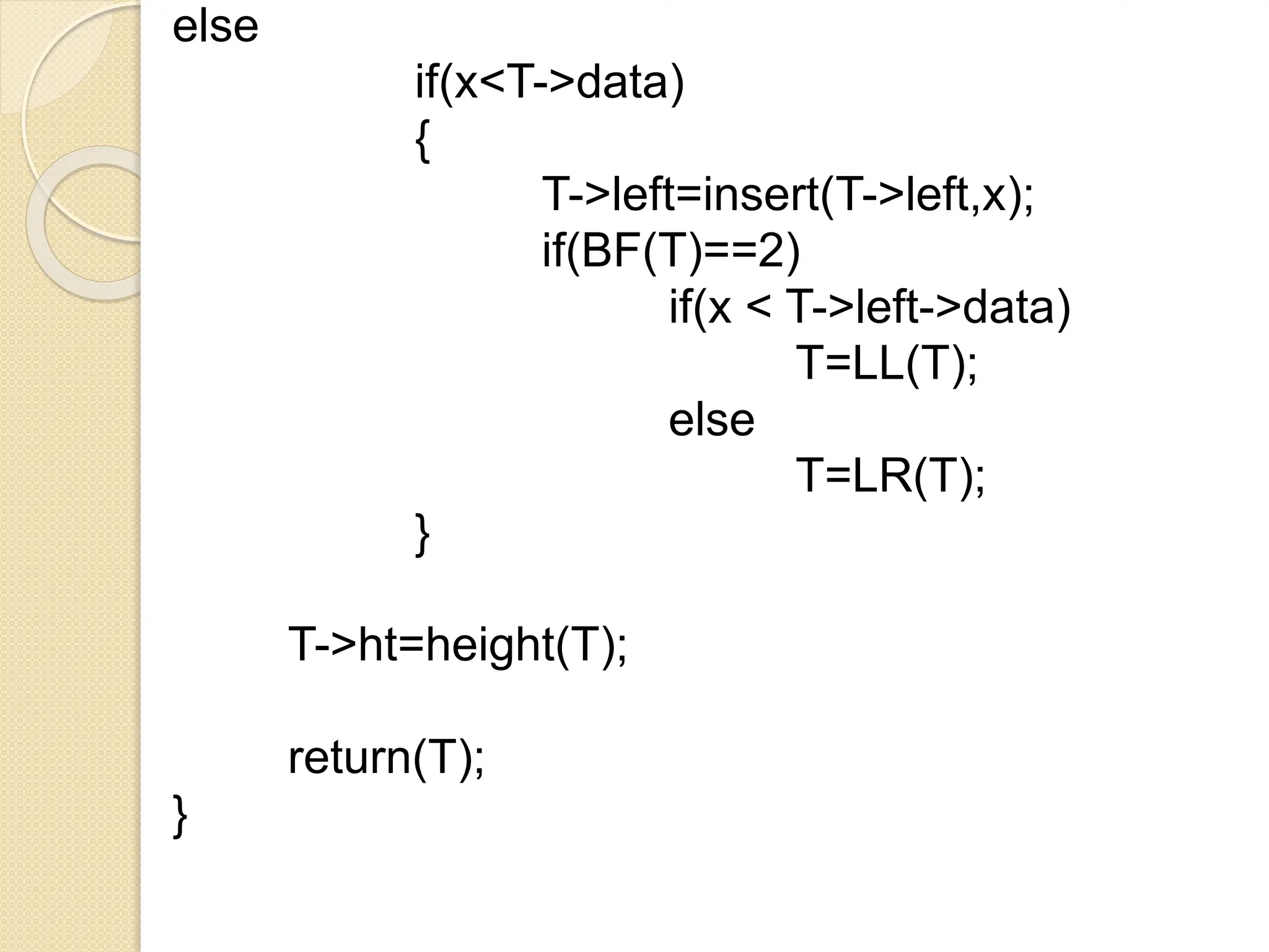else
if(x<T->data)
{
T->left=insert(T->left,x);
if(BF(T)==2)
if(x < T->left->data)
T=LL(T);
else
T=LR(T);
}
T->ht=height(T);
return(T);
}
 