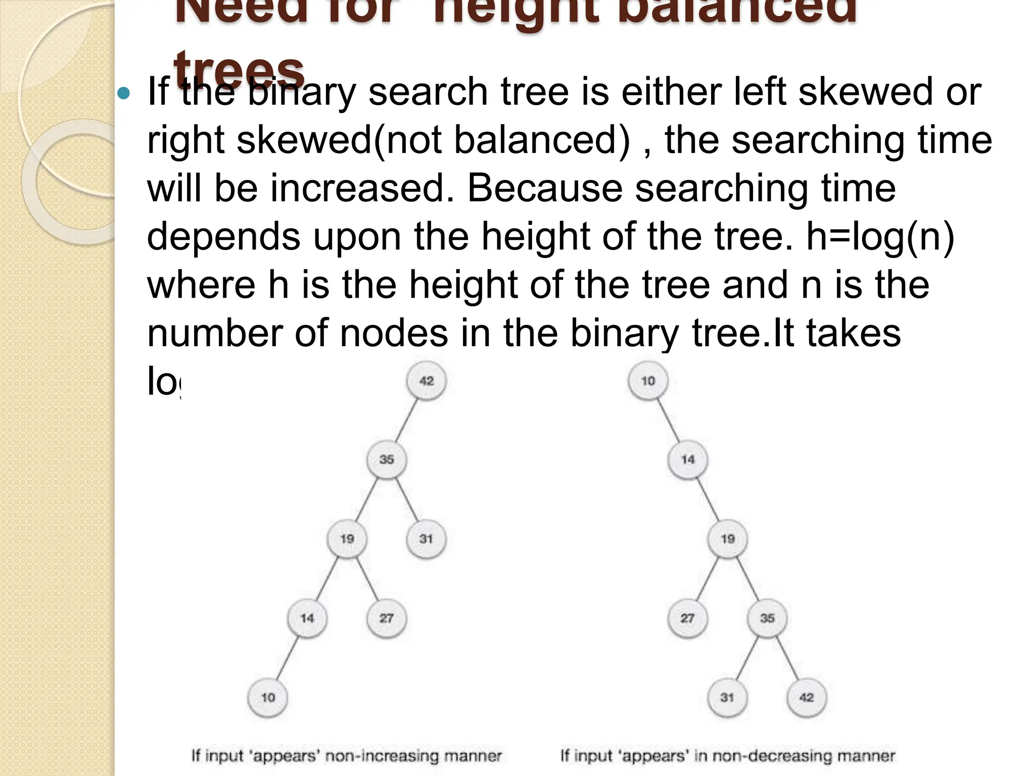 Need for height balanced
trees
 If the binary search tree is either left skewed or
right skewed(not balanced) , the searching time
will be increased. Because searching time
depends upon the height of the tree. h=log(n)
where h is the height of the tree and n is the
number of nodes in the binary tree.It takes
log(n) for searching.
 