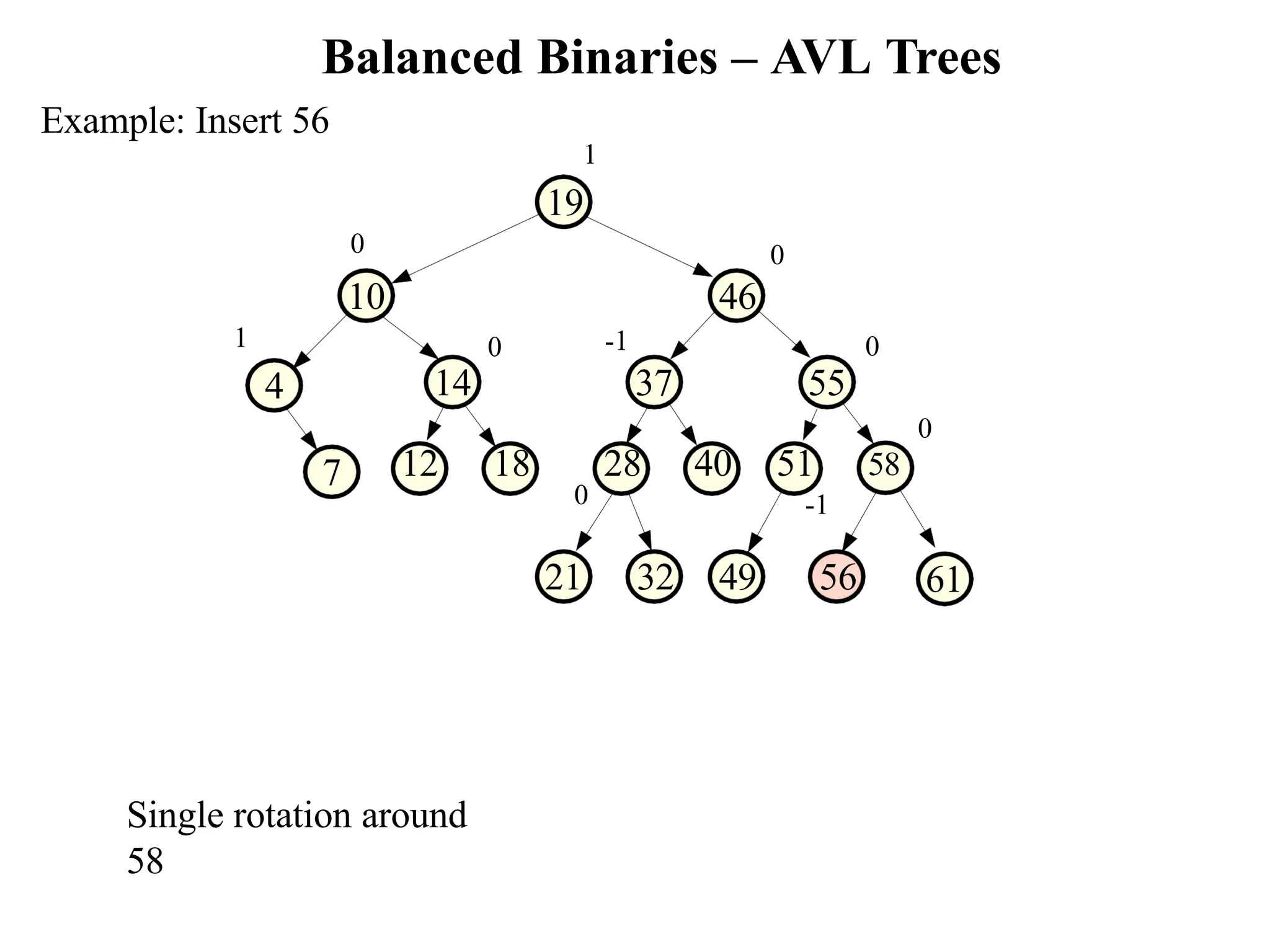 Balanced Binaries – AVL Trees 61 7 -1 37 12 18 28 40 51 58 -1 0 0 55 0 0 14 0 0 10 46 Example: Insert 56 1 19 1 4 21 32 49 56 Single rotation around 58 