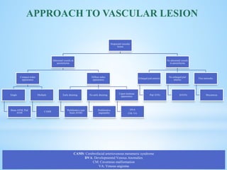 Suspected vascular
lesion
Abnormal vessels in
parenchyma
Compact nidus
appearance
Single
Brain AVM, Pial
AVM
Multiple
CAMS
Diffuse nidus
appearance
Early draining
Proliferative type
brain AVMs
No early draining
Proliferative
angiopathy
Caput medusae
appearance
DVA
CM, VA
No abnormal vessels
in parenchyma
Enlarged pial arteries
Pial AVFs
No enlarged pial
arteries
DAVFs
Fine networks
Moyamoya
APPROACH TO VASCULAR LESION
CAMS: Cerebrofacial arteriovenous metameric syndrome
DVA: Developmental Venous Anomalies
CM: Cavernous malformation
VA: Venous angioma
 