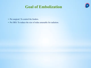  Pre surgical: To control the feeders.
 Pre SRS: To reduce the size of nidus amenable for radiation.
Goal of Embolization
 