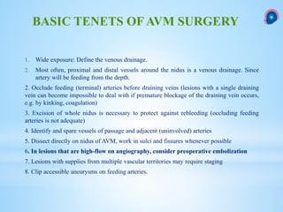 1. Wide exposure: Define the venous drainage.
2. Most often, proximal and distal vessels around the nidus is a venous drainage. Since
artery will be feeding from the depth.
2. Occlude feeding (terminal) arteries before draining veins (lesions with a single draining
vein can become impossible to deal with if premature blockage of the draining vein occurs,
e.g. by kinking, coagulation)
3. Excision of whole nidus is necessary to protect against rebleeding (occluding feeding
arteries is not adequate)
4. Identify and spare vessels of passage and adjacent (uninvolved) arteries
5. Dissect directly on nidus of AVM, work in sulci and fissures whenever possible
6. In lesions that are high-flow on angiography, consider preoperative embolization
7. Lesions with supplies from multiple vascular territories may require staging
8. Clip accessible aneurysms on feeding arteries.
BASIC TENETS OF AVM SURGERY
 
