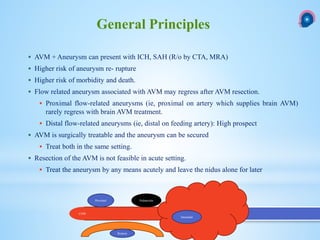  AVM + Aneurysm can present with ICH, SAH (R/o by CTA, MRA)
 Higher risk of aneurysm re- rupture
 Higher risk of morbidity and death.
 Flow related aneurysm associated with AVM may regress after AVM resection.
 Proximal flow-related aneurysms (ie, proximal on artery which supplies brain AVM)
rarely regress with brain AVM treatment.
 Distal flow-related aneurysms (ie, distal on feeding artery): High prospect
 AVM is surgically treatable and the aneurysm can be secured
 Treat both in the same setting.
 Resection of the AVM is not feasible in acute setting.
 Treat the aneurysm by any means acutely and leave the nidus alone for later
General Principles
Proximal Peduncular
Intranidal
Remote
COW
 