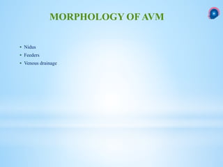  Nidus
 Feeders
 Venous drainage
MORPHOLOGY OF AVM
 