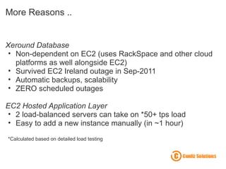 More Reasons .. Xeround Database Non-dependent on EC2 (uses RackSpace and other cloud platforms as well alongside EC2) Survived EC2 Ireland outage in Sep-2011 Automatic backups, scalability ZERO scheduled outages   EC2 Hosted Application Layer 2 load-balanced servers can take on *50+ tps load Easy to add a new instance manually (in ~1 hour) *Calculated based on detailed load testing 