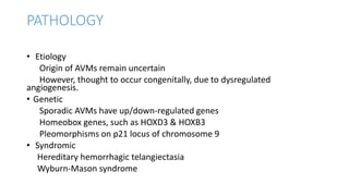 PATHOLOGY
• Etiology
Origin of AVMs remain uncertain
However, thought to occur congenitally, due to dysregulated
angiogenesis.
• Genetic
Sporadic AVMs have up/down-regulated genes
Homeobox genes, such as HOXD3 & HOXB3
Pleomorphisms on p21 locus of chromosome 9
• Syndromic
Hereditary hemorrhagic telangiectasia
Wyburn-Mason syndrome
 