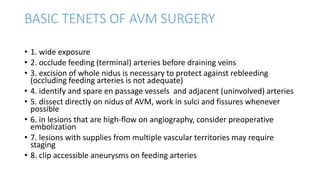 BASIC TENETS OF AVM SURGERY
• 1. wide exposure
• 2. occlude feeding (terminal) arteries before draining veins
• 3. excision of whole nidus is necessary to protect against rebleeding
(occluding feeding arteries is not adequate)
• 4. identify and spare en passage vessels and adjacent (uninvolved) arteries
• 5. dissect directly on nidus of AVM, work in sulci and fissures whenever
possible
• 6. in lesions that are high-flow on angiography, consider preoperative
embolization
• 7. lesions with supplies from multiple vascular territories may require
staging
• 8. clip accessible aneurysms on feeding arteries
 