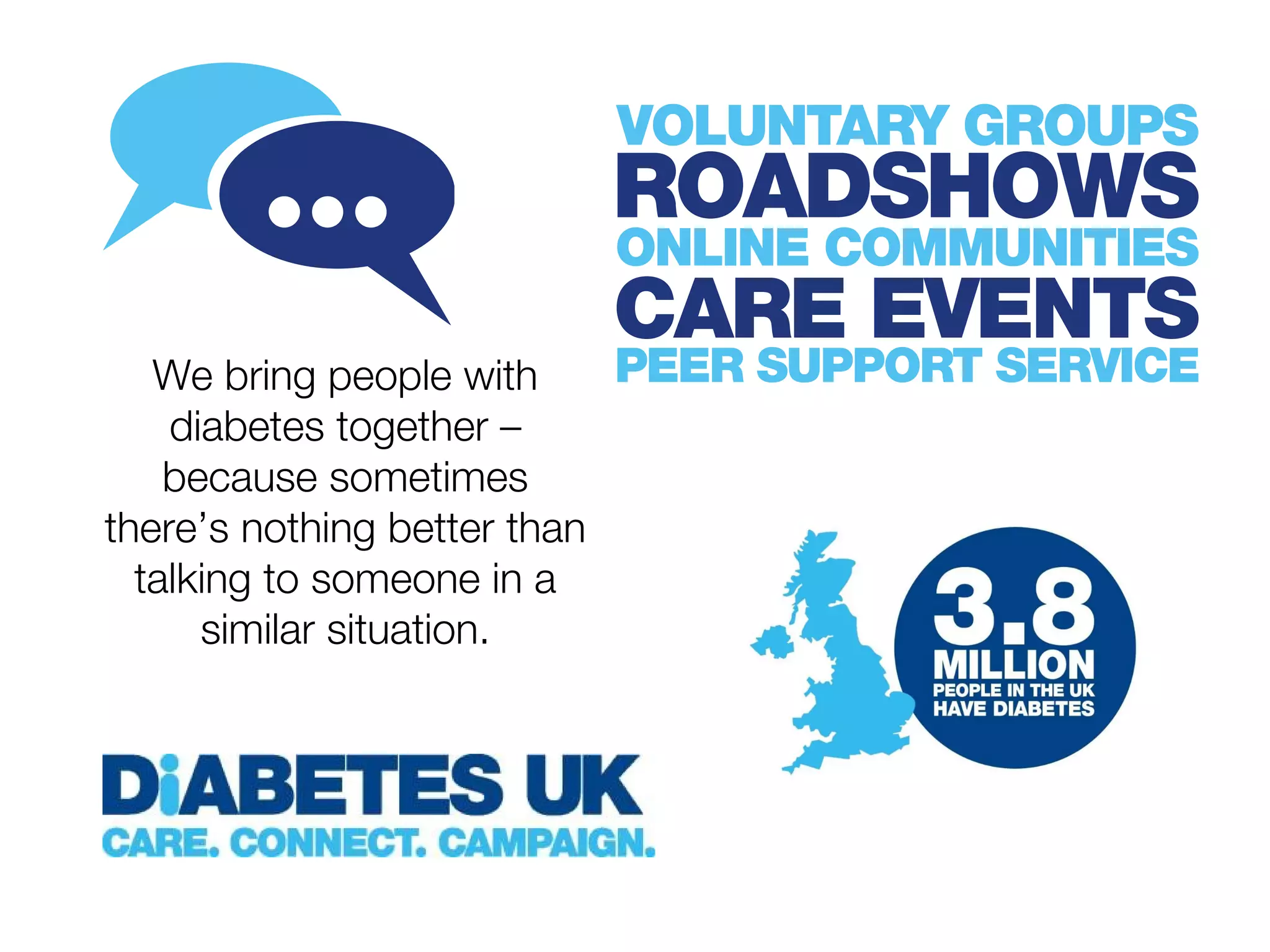 We bring people with 
diabetes together – 
because sometimes 
there’s nothing better than 
talking to someone in a 
similar situation. 
 