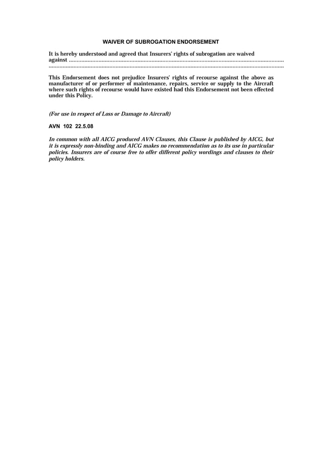 Avn 102 waiver of subrogation endorsement PDF