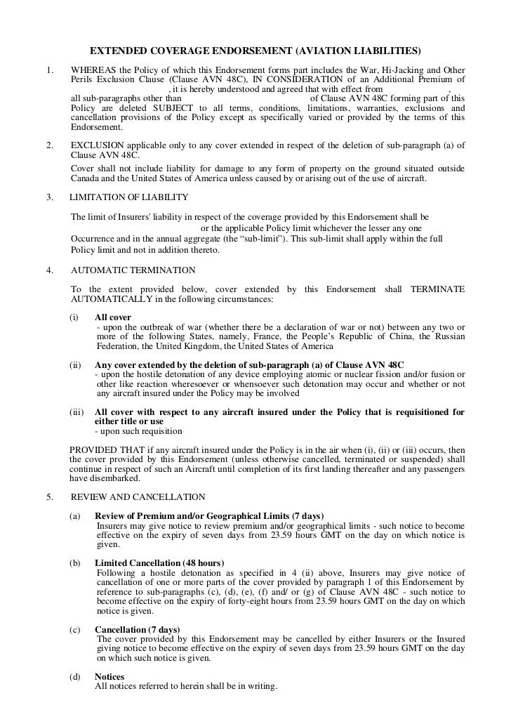 Avn 52 j extended coverage endorsement aviation liabilities