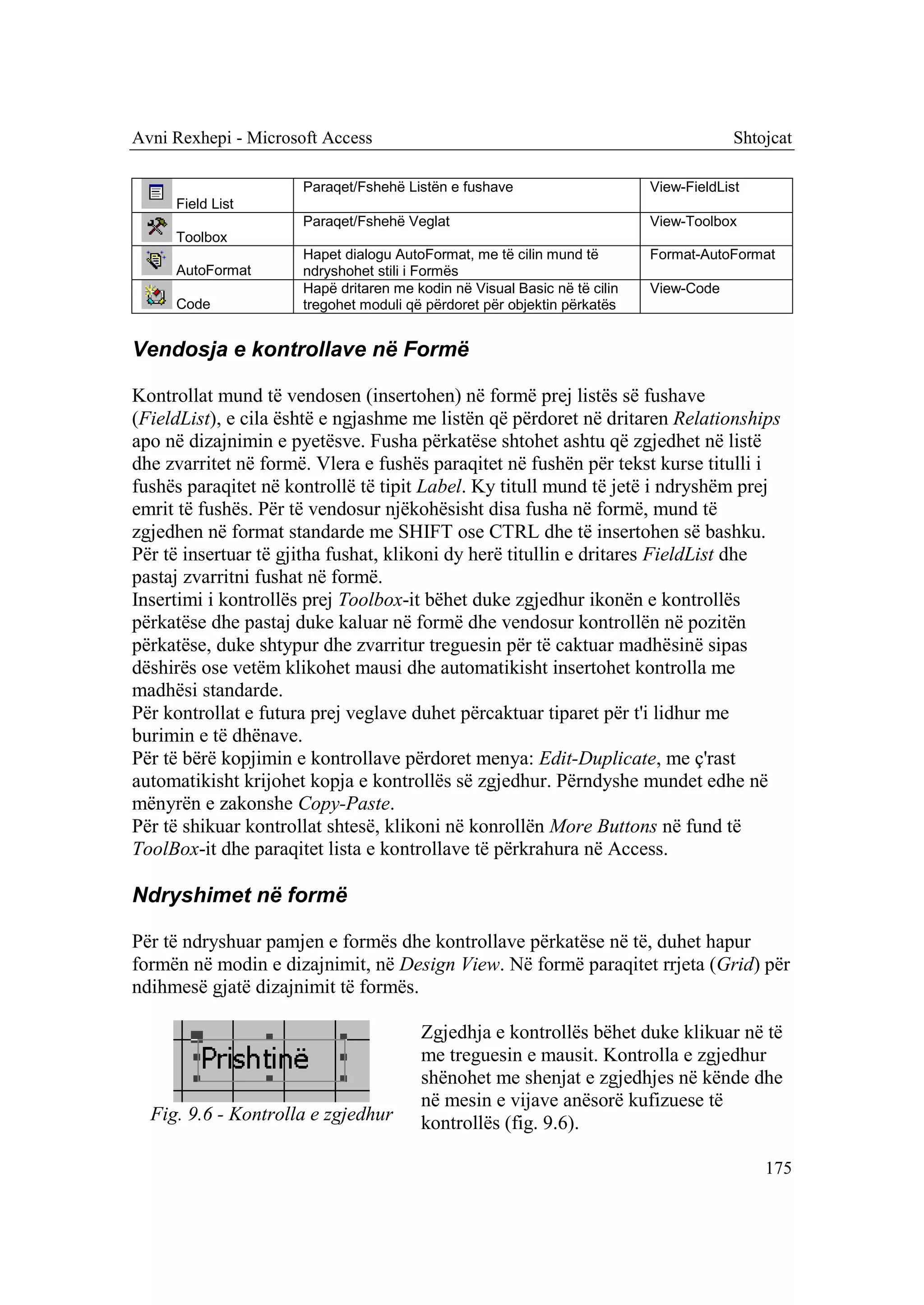Avni Rexhepi - Microsoft Access                                                         Shtojcat

                      Paraqet/Fshehë Listën e fushave                      View-FieldList
     Field List
                      Paraqet/Fshehë Veglat                                View-Toolbox
     Toolbox
                      Hapet dialogu AutoFormat, me të cilin mund të        Format-AutoFormat
     AutoFormat       ndryshohet stili i Formës
                      Hapë dritaren me kodin në Visual Basic në të cilin   View-Code
     Code             tregohet moduli që përdoret për objektin përkatës


Vendosja e kontrollave në Formë

Kontrollat mund të vendosen (insertohen) në formë prej listës së fushave
(FieldList), e cila është e ngjashme me listën që përdoret në dritaren Relationships
apo në dizajnimin e pyetësve. Fusha përkatëse shtohet ashtu që zgjedhet në listë
dhe zvarritet në formë. Vlera e fushës paraqitet në fushën për tekst kurse titulli i
fushës paraqitet në kontrollë të tipit Label. Ky titull mund të jetë i ndryshëm prej
emrit të fushës. Për të vendosur njëkohësisht disa fusha në formë, mund të
zgjedhen në format standarde me SHIFT ose CTRL dhe të insertohen së bashku.
Për të insertuar të gjitha fushat, klikoni dy herë titullin e dritares FieldList dhe
pastaj zvarritni fushat në formë.
Insertimi i kontrollës prej Toolbox-it bëhet duke zgjedhur ikonën e kontrollës
përkatëse dhe pastaj duke kaluar në formë dhe vendosur kontrollën në pozitën
përkatëse, duke shtypur dhe zvarritur treguesin për të caktuar madhësinë sipas
dëshirës ose vetëm klikohet mausi dhe automatikisht insertohet kontrolla me
madhësi standarde.
Për kontrollat e futura prej veglave duhet përcaktuar tiparet për t'i lidhur me
burimin e të dhënave.
Për të bërë kopjimin e kontrollave përdoret menya: Edit-Duplicate, me ç'rast
automatikisht krijohet kopja e kontrollës së zgjedhur. Përndyshe mundet edhe në
mënyrën e zakonshe Copy-Paste.
Për të shikuar kontrollat shtesë, klikoni në konrollën More Buttons në fund të
ToolBox-it dhe paraqitet lista e kontrollave të përkrahura në Access.

Ndryshimet në formë

Për të ndryshuar pamjen e formës dhe kontrollave përkatëse në të, duhet hapur
formën në modin e dizajnimit, në Design View. Në formë paraqitet rrjeta (Grid) për
ndihmesë gjatë dizajnimit të formës.

                                        Zgjedhja e kontrollës bëhet duke klikuar në të
                                        me treguesin e mausit. Kontrolla e zgjedhur
                                        shënohet me shenjat e zgjedhjes në kënde dhe
                                        në mesin e vijave anësorë kufizuese të
  Fig. 9.6 - Kontrolla e zgjedhur       kontrollës (fig. 9.6).

                                                                                            175
 