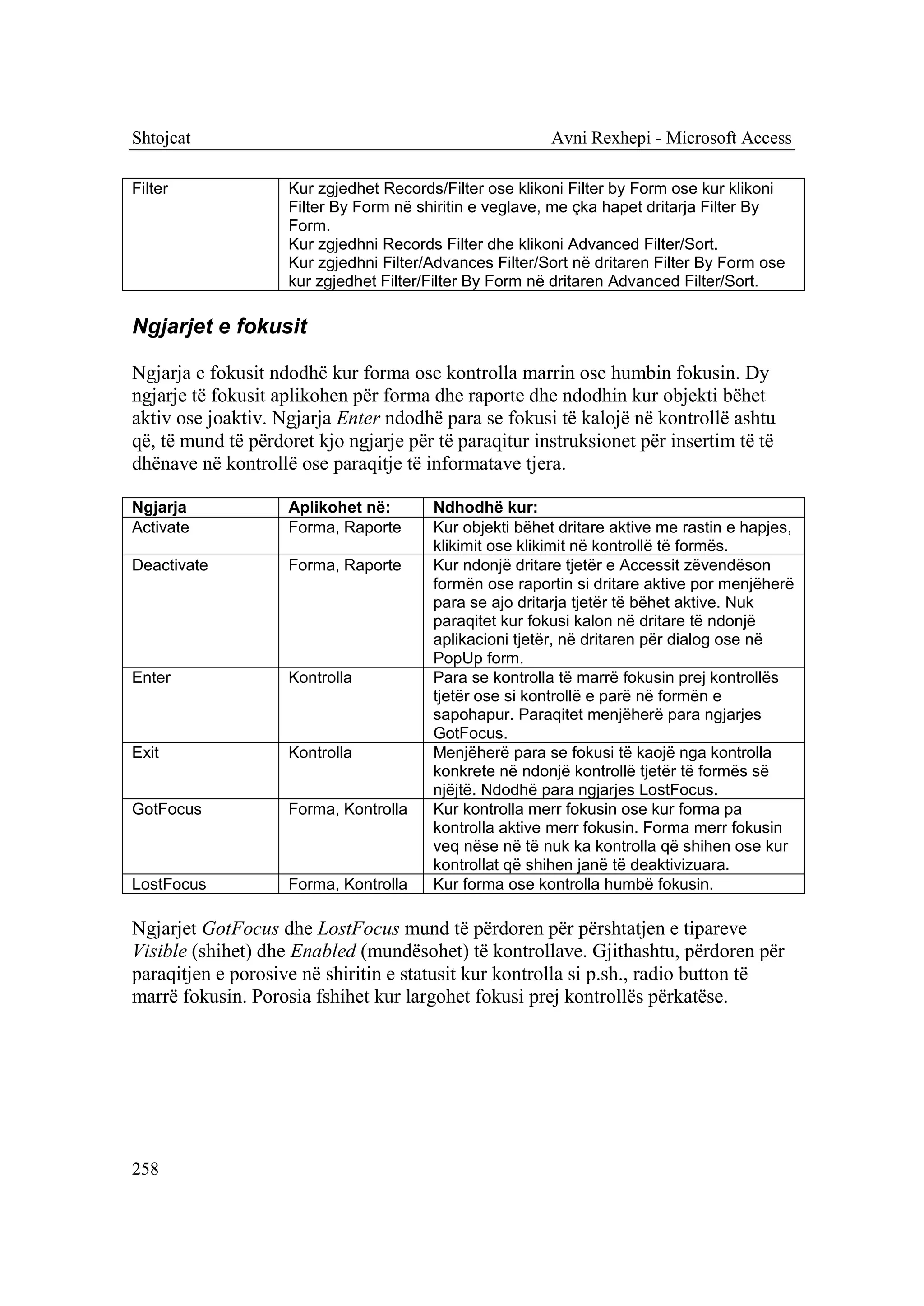 Shtojcat                                                 Avni Rexhepi - Microsoft Access

Filter              Kur zgjedhet Records/Filter ose klikoni Filter by Form ose kur klikoni
                    Filter By Form në shiritin e veglave, me çka hapet dritarja Filter By
                    Form.
                    Kur zgjedhni Records Filter dhe klikoni Advanced Filter/Sort.
                    Kur zgjedhni Filter/Advances Filter/Sort në dritaren Filter By Form ose
                    kur zgjedhet Filter/Filter By Form në dritaren Advanced Filter/Sort.

Ngjarjet e fokusit

Ngjarja e fokusit ndodhë kur forma ose kontrolla marrin ose humbin fokusin. Dy
ngjarje të fokusit aplikohen për forma dhe raporte dhe ndodhin kur objekti bëhet
aktiv ose joaktiv. Ngjarja Enter ndodhë para se fokusi të kalojë në kontrollë ashtu
që, të mund të përdoret kjo ngjarje për të paraqitur instruksionet për insertim të të
dhënave në kontrollë ose paraqitje të informatave tjera.

Ngjarja             Aplikohet në:       Ndhodhë kur:
Activate            Forma, Raporte      Kur objekti bëhet dritare aktive me rastin e hapjes,
                                        klikimit ose klikimit në kontrollë të formës.
Deactivate          Forma, Raporte      Kur ndonjë dritare tjetër e Accessit zëvendëson
                                        formën ose raportin si dritare aktive por menjëherë
                                        para se ajo dritarja tjetër të bëhet aktive. Nuk
                                        paraqitet kur fokusi kalon në dritare të ndonjë
                                        aplikacioni tjetër, në dritaren për dialog ose në
                                        PopUp form.
Enter               Kontrolla           Para se kontrolla të marrë fokusin prej kontrollës
                                        tjetër ose si kontrollë e parë në formën e
                                        sapohapur. Paraqitet menjëherë para ngjarjes
                                        GotFocus.
Exit                Kontrolla           Menjëherë para se fokusi të kaojë nga kontrolla
                                        konkrete në ndonjë kontrollë tjetër të formës së
                                        njëjtë. Ndodhë para ngjarjes LostFocus.
GotFocus            Forma, Kontrolla    Kur kontrolla merr fokusin ose kur forma pa
                                        kontrolla aktive merr fokusin. Forma merr fokusin
                                        veq nëse në të nuk ka kontrolla që shihen ose kur
                                        kontrollat që shihen janë të deaktivizuara.
LostFocus           Forma, Kontrolla    Kur forma ose kontrolla humbë fokusin.

Ngjarjet GotFocus dhe LostFocus mund të përdoren për përshtatjen e tipareve
Visible (shihet) dhe Enabled (mundësohet) të kontrollave. Gjithashtu, përdoren për
paraqitjen e porosive në shiritin e statusit kur kontrolla si p.sh., radio button të
marrë fokusin. Porosia fshihet kur largohet fokusi prej kontrollës përkatëse.




258
 