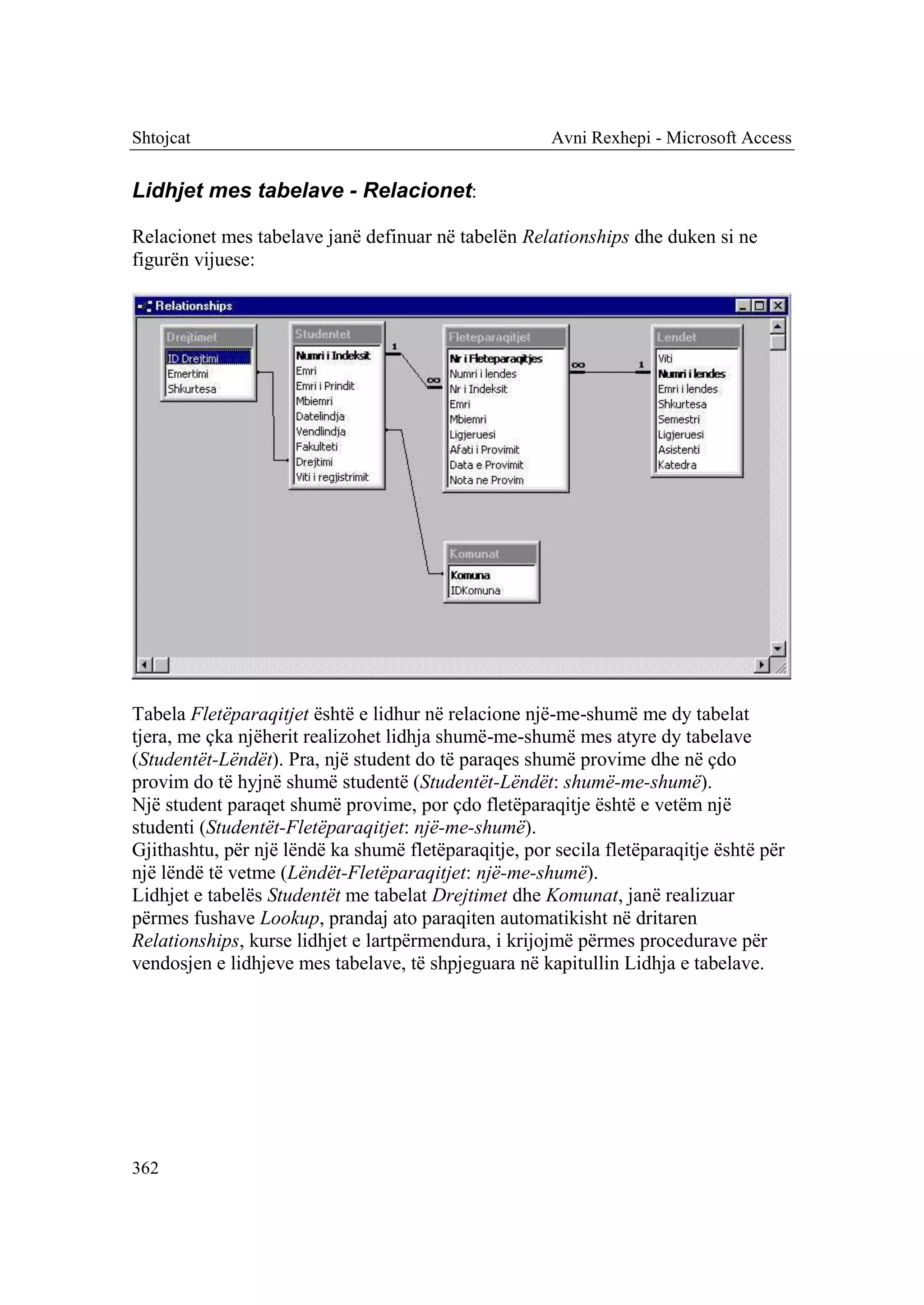Shtojcat                                               Avni Rexhepi - Microsoft Access


Lidhjet mes tabelave - Relacionet:

Relacionet mes tabelave janë definuar në tabelën Relationships dhe duken si ne
figurën vijuese:




Tabela Fletëparaqitjet është e lidhur në relacione një-me-shumë me dy tabelat
tjera, me çka njëherit realizohet lidhja shumë-me-shumë mes atyre dy tabelave
(Studentët-Lëndët). Pra, një student do të paraqes shumë provime dhe në çdo
provim do të hyjnë shumë studentë (Studentët-Lëndët: shumë-me-shumë).
Një student paraqet shumë provime, por çdo fletëparaqitje është e vetëm një
studenti (Studentët-Fletëparaqitjet: një-me-shumë).
Gjithashtu, për një lëndë ka shumë fletëparaqitje, por secila fletëparaqitje është për
një lëndë të vetme (Lëndët-Fletëparaqitjet: një-me-shumë).
Lidhjet e tabelës Studentët me tabelat Drejtimet dhe Komunat, janë realizuar
përmes fushave Lookup, prandaj ato paraqiten automatikisht në dritaren
Relationships, kurse lidhjet e lartpërmendura, i krijojmë përmes procedurave për
vendosjen e lidhjeve mes tabelave, të shpjeguara në kapitullin Lidhja e tabelave.




362
 