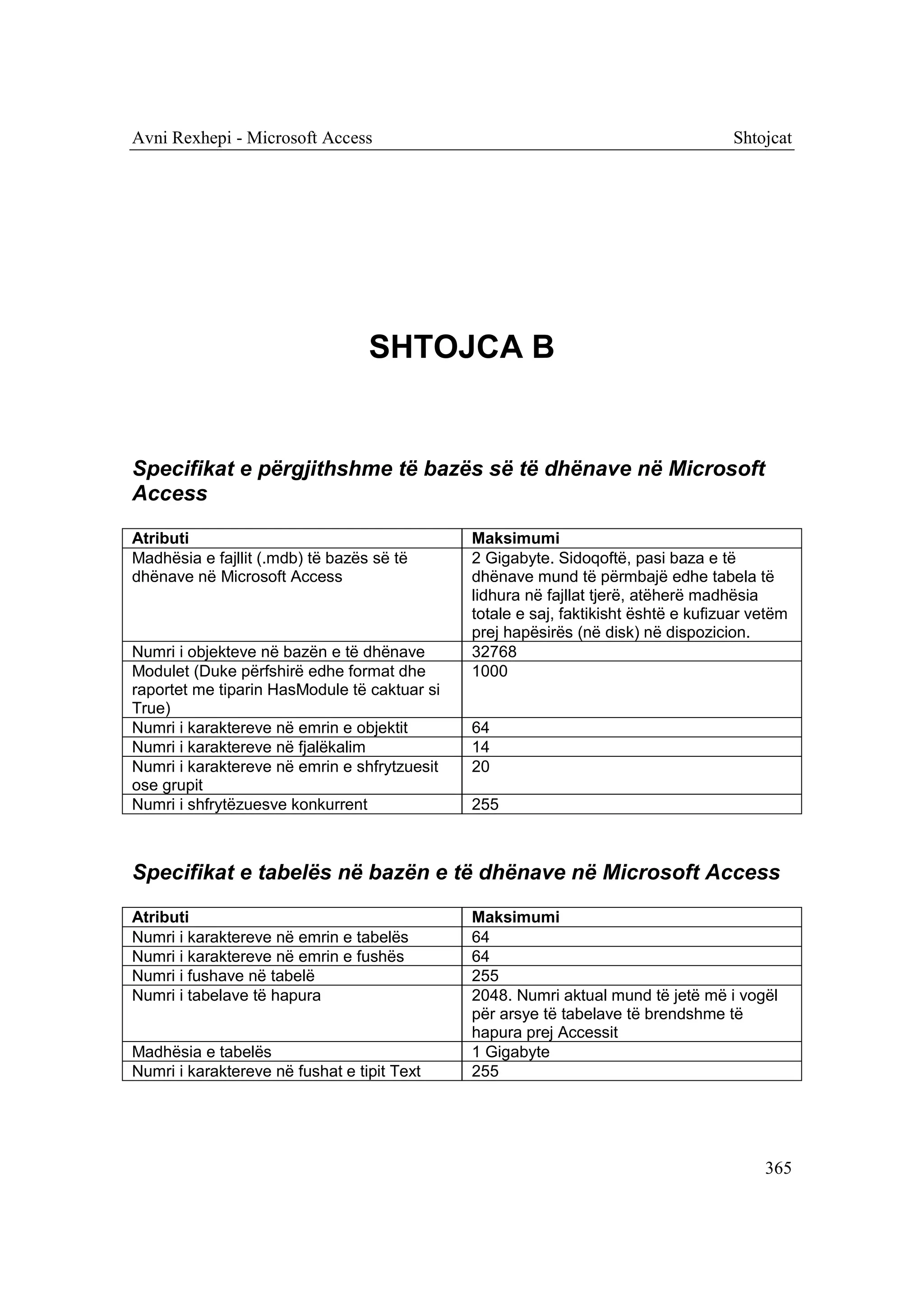 Avni Rexhepi - Microsoft Access                                                     Shtojcat




                                  SHTOJCA B


Specifikat e përgjithshme të bazës së të dhënave në Microsoft
Access

Atributi                                      Maksimumi
Madhësia e fajllit (.mdb) të bazës së të      2 Gigabyte. Sidoqoftë, pasi baza e të
dhënave në Microsoft Access                   dhënave mund të përmbajë edhe tabela të
                                              lidhura në fajllat tjerë, atëherë madhësia
                                              totale e saj, faktikisht është e kufizuar vetëm
                                              prej hapësirës (në disk) në dispozicion.
Numri i objekteve në bazën e të dhënave       32768
Modulet (Duke përfshirë edhe format dhe       1000
raportet me tiparin HasModule të caktuar si
True)
Numri i karaktereve në emrin e objektit       64
Numri i karaktereve në fjalëkalim             14
Numri i karaktereve në emrin e shfrytzuesit   20
ose grupit
Numri i shfrytëzuesve konkurrent              255



Specifikat e tabelës në bazën e të dhënave në Microsoft Access

Atributi                                      Maksimumi
Numri i karaktereve në emrin e tabelës        64
Numri i karaktereve në emrin e fushës         64
Numri i fushave në tabelë                     255
Numri i tabelave të hapura                    2048. Numri aktual mund të jetë më i vogël
                                              për arsye të tabelave të brendshme të
                                              hapura prej Accessit
Madhësia e tabelës                            1 Gigabyte
Numri i karaktereve në fushat e tipit Text    255




                                                                                         365
 