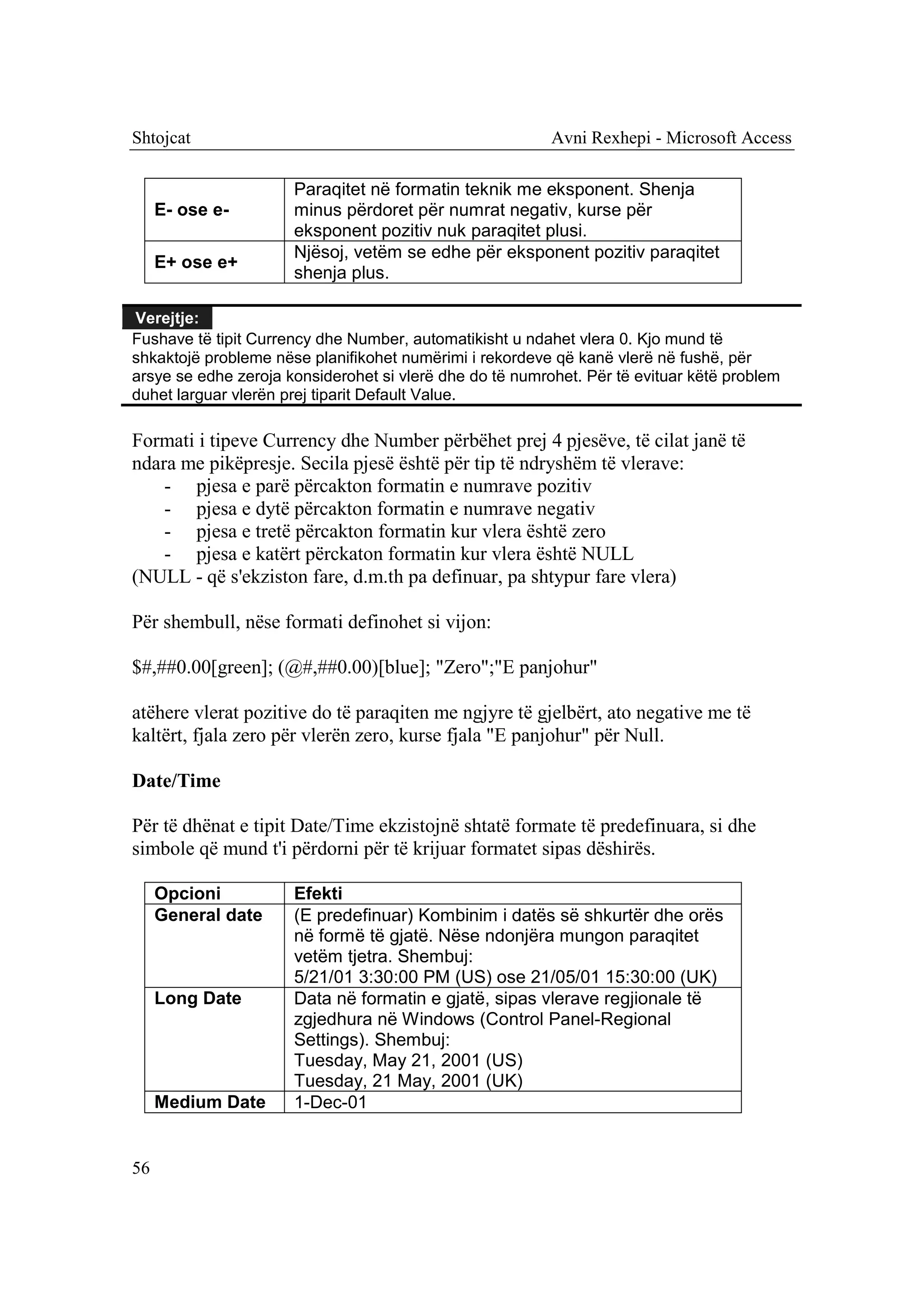 Shtojcat                                                  Avni Rexhepi - Microsoft Access

                      Paraqitet në formatin teknik me eksponent. Shenja
     E- ose e-        minus përdoret për numrat negativ, kurse për
                      eksponent pozitiv nuk paraqitet plusi.
                      Njësoj, vetëm se edhe për eksponent pozitiv paraqitet
     E+ ose e+
                      shenja plus.

Verejtje:
Fushave të tipit Currency dhe Number, automatikisht u ndahet vlera 0. Kjo mund të
shkaktojë probleme nëse planifikohet numërimi i rekordeve që kanë vlerë në fushë, për
arsye se edhe zeroja konsiderohet si vlerë dhe do të numrohet. Për të evituar këtë problem
duhet larguar vlerën prej tiparit Default Value.

Formati i tipeve Currency dhe Number përbëhet prej 4 pjesëve, të cilat janë të
ndara me pikëpresje. Secila pjesë është për tip të ndryshëm të vlerave:
    - pjesa e parë përcakton formatin e numrave pozitiv
    - pjesa e dytë përcakton formatin e numrave negativ
    - pjesa e tretë përcakton formatin kur vlera është zero
    - pjesa e katërt përckaton formatin kur vlera është NULL
(NULL - që s'ekziston fare, d.m.th pa definuar, pa shtypur fare vlera)

Për shembull, nëse formati definohet si vijon:

$#,##0.00[green]; (@#,##0.00)[blue]; "Zero";"E panjohur"

atëhere vlerat pozitive do të paraqiten me ngjyre të gjelbërt, ato negative me të
kaltërt, fjala zero për vlerën zero, kurse fjala "E panjohur" për Null.

Date/Time

Për të dhënat e tipit Date/Time ekzistojnë shtatë formate të predefinuara, si dhe
simbole që mund t'i përdorni për të krijuar formatet sipas dëshirës.

     Opcioni          Efekti
     General date     (E predefinuar) Kombinim i datës së shkurtër dhe orës
                      në formë të gjatë. Nëse ndonjëra mungon paraqitet
                      vetëm tjetra. Shembuj:
                      5/21/01 3:30:00 PM (US) ose 21/05/01 15:30:00 (UK)
     Long Date        Data në formatin e gjatë, sipas vlerave regjionale të
                      zgjedhura në Windows (Control Panel-Regional
                      Settings). Shembuj:
                      Tuesday, May 21, 2001 (US)
                      Tuesday, 21 May, 2001 (UK)
     Medium Date      1-Dec-01


56
 