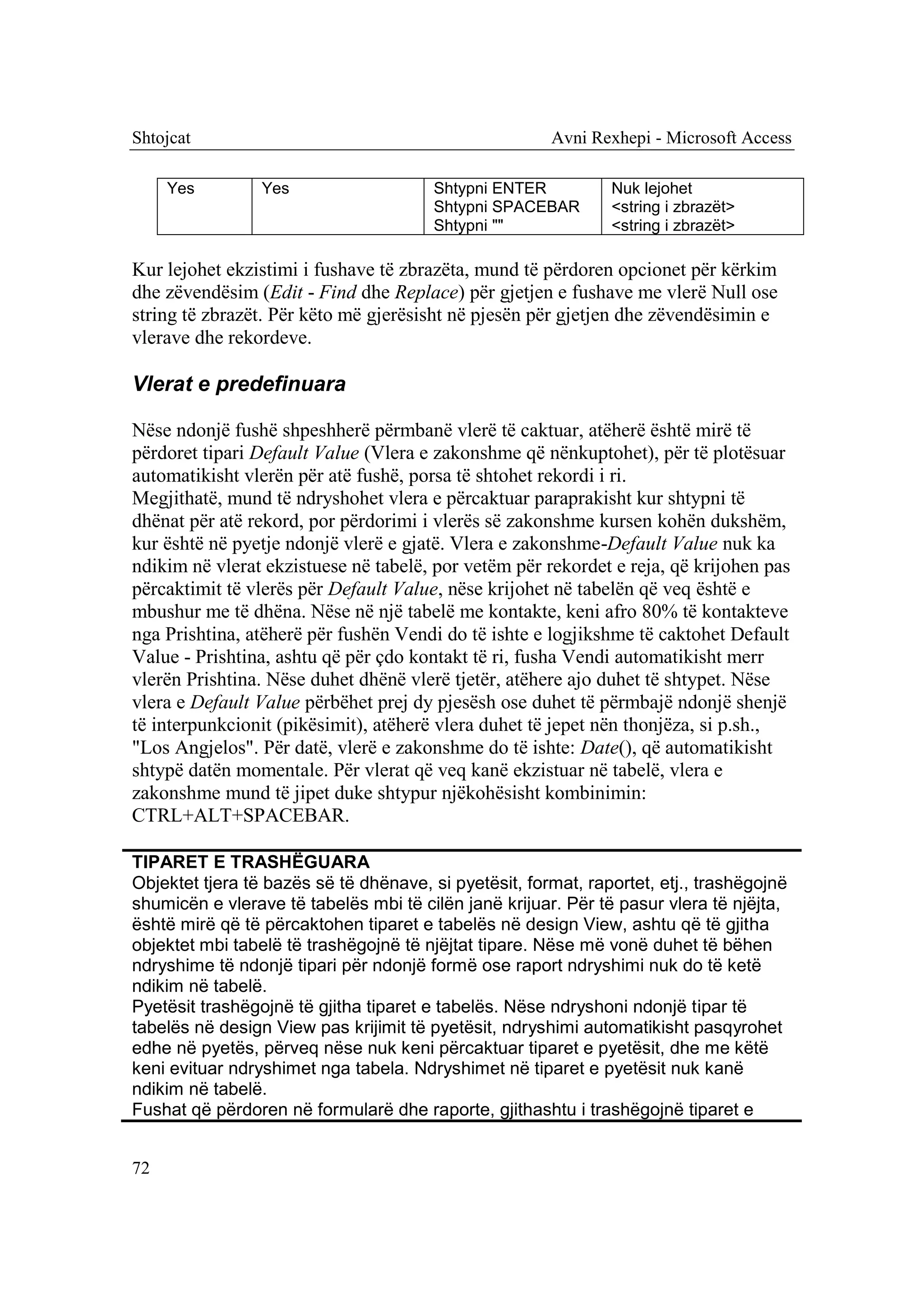 Shtojcat                                               Avni Rexhepi - Microsoft Access

     Yes         Yes                    Shtypni ENTER          Nuk lejohet
                                        Shtypni SPACEBAR       <string i zbrazët>
                                        Shtypni ""             <string i zbrazët>

Kur lejohet ekzistimi i fushave të zbrazëta, mund të përdoren opcionet për kërkim
dhe zëvendësim (Edit - Find dhe Replace) për gjetjen e fushave me vlerë Null ose
string të zbrazët. Për këto më gjerësisht në pjesën për gjetjen dhe zëvendësimin e
vlerave dhe rekordeve.

Vlerat e predefinuara

Nëse ndonjë fushë shpeshherë përmbanë vlerë të caktuar, atëherë është mirë të
përdoret tipari Default Value (Vlera e zakonshme që nënkuptohet), për të plotësuar
automatikisht vlerën për atë fushë, porsa të shtohet rekordi i ri.
Megjithatë, mund të ndryshohet vlera e përcaktuar paraprakisht kur shtypni të
dhënat për atë rekord, por përdorimi i vlerës së zakonshme kursen kohën dukshëm,
kur është në pyetje ndonjë vlerë e gjatë. Vlera e zakonshme-Default Value nuk ka
ndikim në vlerat ekzistuese në tabelë, por vetëm për rekordet e reja, që krijohen pas
përcaktimit të vlerës për Default Value, nëse krijohet në tabelën që veq është e
mbushur me të dhëna. Nëse në një tabelë me kontakte, keni afro 80% të kontakteve
nga Prishtina, atëherë për fushën Vendi do të ishte e logjikshme të caktohet Default
Value - Prishtina, ashtu që për çdo kontakt të ri, fusha Vendi automatikisht merr
vlerën Prishtina. Nëse duhet dhënë vlerë tjetër, atëhere ajo duhet të shtypet. Nëse
vlera e Default Value përbëhet prej dy pjesësh ose duhet të përmbajë ndonjë shenjë
të interpunkcionit (pikësimit), atëherë vlera duhet të jepet nën thonjëza, si p.sh.,
"Los Angjelos". Për datë, vlerë e zakonshme do të ishte: Date(), që automatikisht
shtypë datën momentale. Për vlerat që veq kanë ekzistuar në tabelë, vlera e
zakonshme mund të jipet duke shtypur njëkohësisht kombinimin:
CTRL+ALT+SPACEBAR.

TIPARET E TRASHËGUARA
Objektet tjera të bazës së të dhënave, si pyetësit, format, raportet, etj., trashëgojnë
shumicën e vlerave të tabelës mbi të cilën janë krijuar. Për të pasur vlera të njëjta,
është mirë që të përcaktohen tiparet e tabelës në design View, ashtu që të gjitha
objektet mbi tabelë të trashëgojnë të njëjtat tipare. Nëse më vonë duhet të bëhen
ndryshime të ndonjë tipari për ndonjë formë ose raport ndryshimi nuk do të ketë
ndikim në tabelë.
Pyetësit trashëgojnë të gjitha tiparet e tabelës. Nëse ndryshoni ndonjë tipar të
tabelës në design View pas krijimit të pyetësit, ndryshimi automatikisht pasqyrohet
edhe në pyetës, përveq nëse nuk keni përcaktuar tiparet e pyetësit, dhe me këtë
keni evituar ndryshimet nga tabela. Ndryshimet në tiparet e pyetësit nuk kanë
ndikim në tabelë.
Fushat që përdoren në formularë dhe raporte, gjithashtu i trashëgojnë tiparet e


72
 
