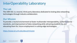 20
InterOperability Laboratory
The Lab
The UNH-IOL is a neutral, third-party laboratory dedicated to testing data networking
technologies through industry collaboration.
Our Mission
To provide a neutral environment to foster multivendor interoperability, conformance to
standards, and improvement of data networking while attracting students to, and
educating them for, future employment in cutting-edge technologies.
https://www.iol.unh.edu/about/mission
Brief overview of the UNH-IOL
Universityof New Hampshire
InterOperabilityLaboratory
 