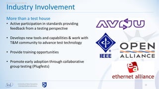 22
Industry Involvement
More than a test house
• Active participation in standards providing
feedback from a testing perspective
• Develops new tools and capabilities & work with
T&M community to advance test technology
• Provide training opportunities
• Promote early adoption through collaborative
group testing (Plugfests)
Universityof New Hampshire
InterOperabilityLaboratory
Brief overview of the UNH-IOL
 