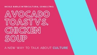 A NEW WAY TO TALK ABOUT CULTURE
NICOLE BARILE INTERCULTURAL CONSULTING
AVOCADO
TOASTVS.
CHICKEN
SOUP
 