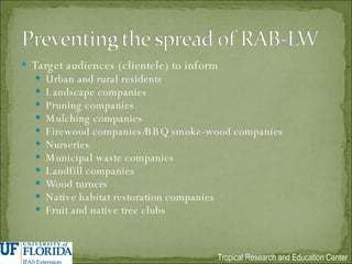 Target audiences (clientele) to inform Urban and rural residents Landscape companies Pruning companies Mulching companies Firewood companies/BBQ smoke-wood companies Nurseries Municipal waste companies Landfill companies Wood turners Native habitat restoration companies Fruit and native tree clubs 