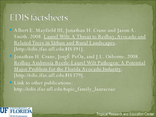 Albert E. Mayfield III, Jonathan H. Crane and Jason A. Smith. 2008.  Laurel Wilt: A Threat to Redbay, Avocado and Related Trees in Urban and Rural Landscapes . [http://edis.ifas.ufl.edu/HS391]. Jonathan H. Crane, Jorgé Peña, and J.L. Osborne. 2008.  Redbay Ambrosia Beetle-Laurel Wilt Pathogen: A Potential Major Problem for the Florida Avocado Industry . [http://edis.ifas.ufl.edu/HS379]. Link to other publications: http://edis.ifas.ufl.edu/topic_family_lauraceae 