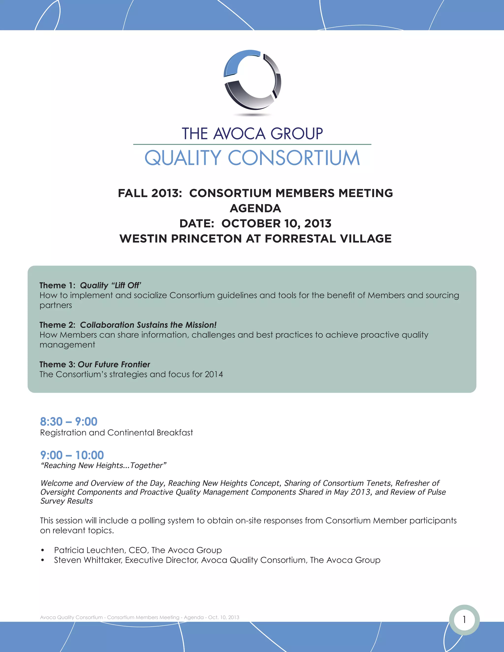 Avoca Quality Consortium Fall Meeting Agenda October 10th, 2013 PDF