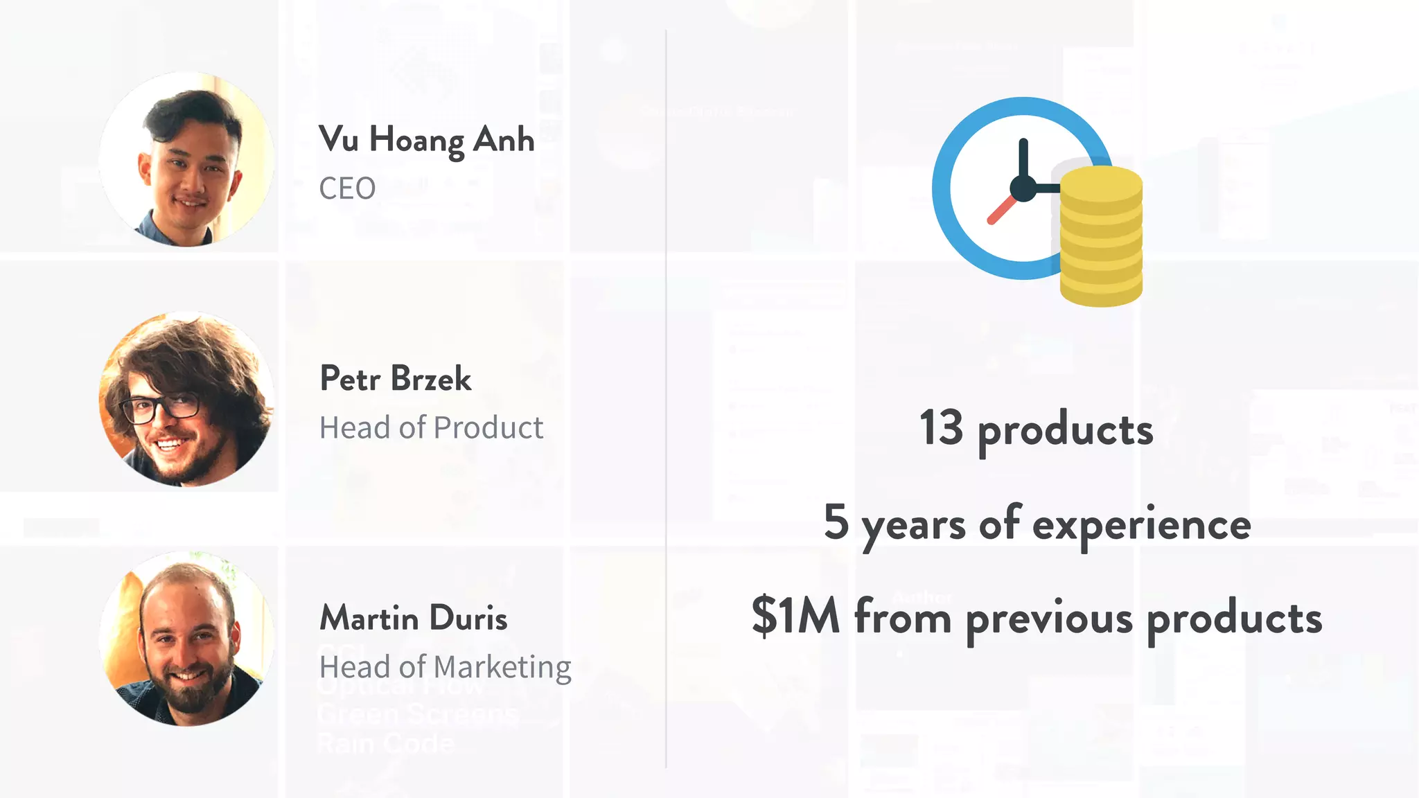 Vu Hoang Anh
CEO
Petr Brzek
Head of Product
Martin Duris
Head of Marketing
5 years of experience
$1M from previous products
13 products