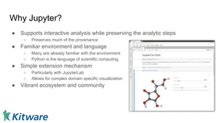 Why Jupyter?
● Supports interactive analysis while preserving the analytic steps​
○ Preserves much of the provenance​
● Familiar environment and language​
○ Many are already familiar with the environment​
○ Python is the language of scientific computing​
● Simple extension mechanism​
○ Particularly with JupyterLab​
○ Allows for complex domain specific visualization​
● Vibrant ecosystem and community​
​
 