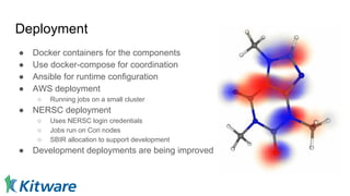 Deployment
● Docker containers for the components
● Use docker-compose for coordination
● Ansible for runtime configuration
● AWS deployment
○ Running jobs on a small cluster
● NERSC deployment
○ Uses NERSC login credentials
○ Jobs run on Cori nodes
○ SBIR allocation to support development
● Development deployments are being improved
 