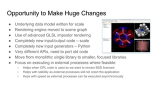 Opportunity to Make Huge Changes
● Underlying data model written for scale
● Rendering engine moved to scene graph
● Use of advanced GLSL impostor rendering
● Completely new input/output code – scale
● Completely new input generators – Python
● Very different APIs, need to port old code
● Move from monolithic single library to smaller, focused libraries
● Focus on executing in external processes where feasible
○ Helps when GPL code is used as we want to remain BSD licensed
○ Helps with stability as external processes will not crash the application
○ Heps with speed as external processes can be executed asynchronously
 