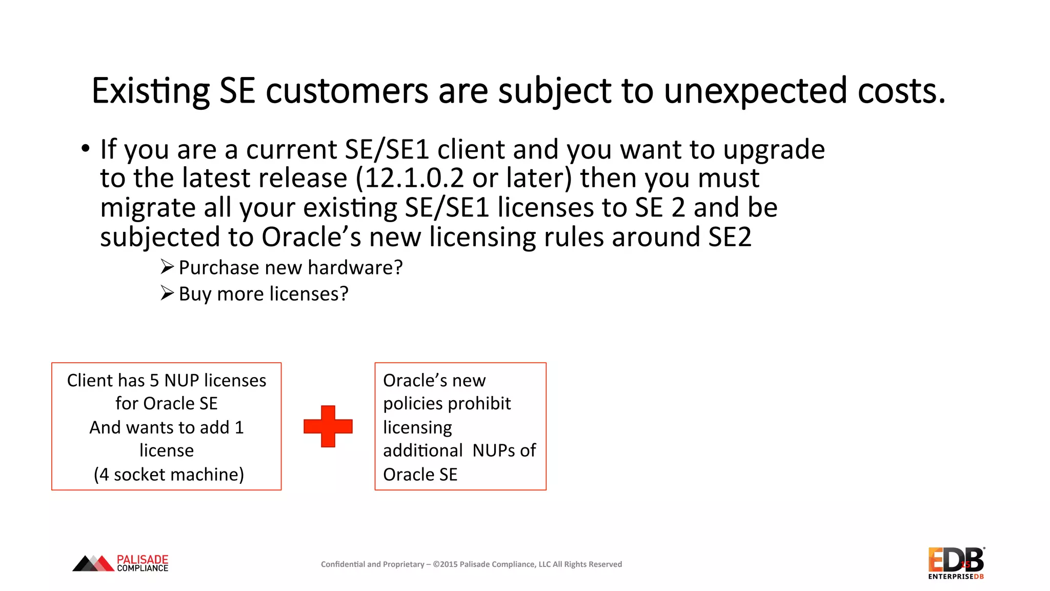 ExisEng  SE  customers  are  subject  to  unexpected  costs.
•  If	
  you	
  are	
  a	
  current	
  SE/SE1	
  client	
  and	
  you	
  want	
  to	
  upgrade	
  
to	
  the	
  latest	
  release	
  (12.1.0.2	
  or	
  later)	
  then	
  you	
  must	
  
migrate	
  all	
  your	
  exis+ng	
  SE/SE1	
  licenses	
  to	
  SE	
  2	
  and	
  be	
  
subjected	
  to	
  Oracle’s	
  new	
  licensing	
  rules	
  around	
  SE2	
  
Ø Purchase	
  new	
  hardware?	
  
Ø Buy	
  more	
  licenses?	
  
15	
  
Client	
  has	
  5	
  NUP	
  licenses	
  
for	
  Oracle	
  SE	
  
And	
  wants	
  to	
  add	
  1	
  
license	
  
	
  (4	
  socket	
  machine)	
  
Oracle’s	
  new	
  
policies	
  prohibit	
  
licensing	
  	
  
addi+onal	
  	
  NUPs	
  of	
  
Oracle	
  SE	
  
Conﬁden'al	
  and	
  Proprietary	
  –	
  ©2015	
  Palisade	
  Compliance,	
  LLC	
  All	
  Rights	
  Reserved	
  
 