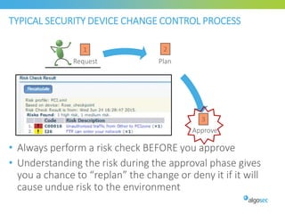 Plan
Approve
ImplementValidate
Close
Request
TYPICAL SECURITY DEVICE CHANGE CONTROL PROCESS
29 | Confidential
1 2
3
4
6
5
• Always perform a risk check BEFORE you approve
• Understanding the risk during the approval phase gives
you a chance to “replan” the change or deny it if it will
cause undue risk to the environment
 