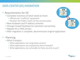 DATA CENTER (DC) MIGRATION
• Requirements for DC
• Complete inventory of what needs to move
• Official and “unofficial” equipment
• Discover the hidden assets via the security policy
• New hardware and IP address schemes
• Change Firewall Rulebase for transition connectivity
• Migrate IPs in DNS servers
• After migration is complete, decommission original application
• Planning
• What if analysis
• What applications are using these servers?
• What applications are impacted by these firewalls?
• What applications are vulnerable to these security issues?
55 | Confidential
 