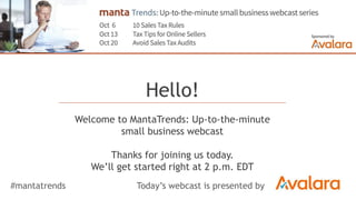 Crowds with Cash
Alternative Financing is a Mixed Moneybag
of Opportunity for Small Business
Hello!
Welcome to MantaTrends: Up-to-the-minute
small business webcast
Thanks for joining us today.
We’ll get started right at 2 p.m. EDT
#mantatrends Today’s webcast is presented by
 