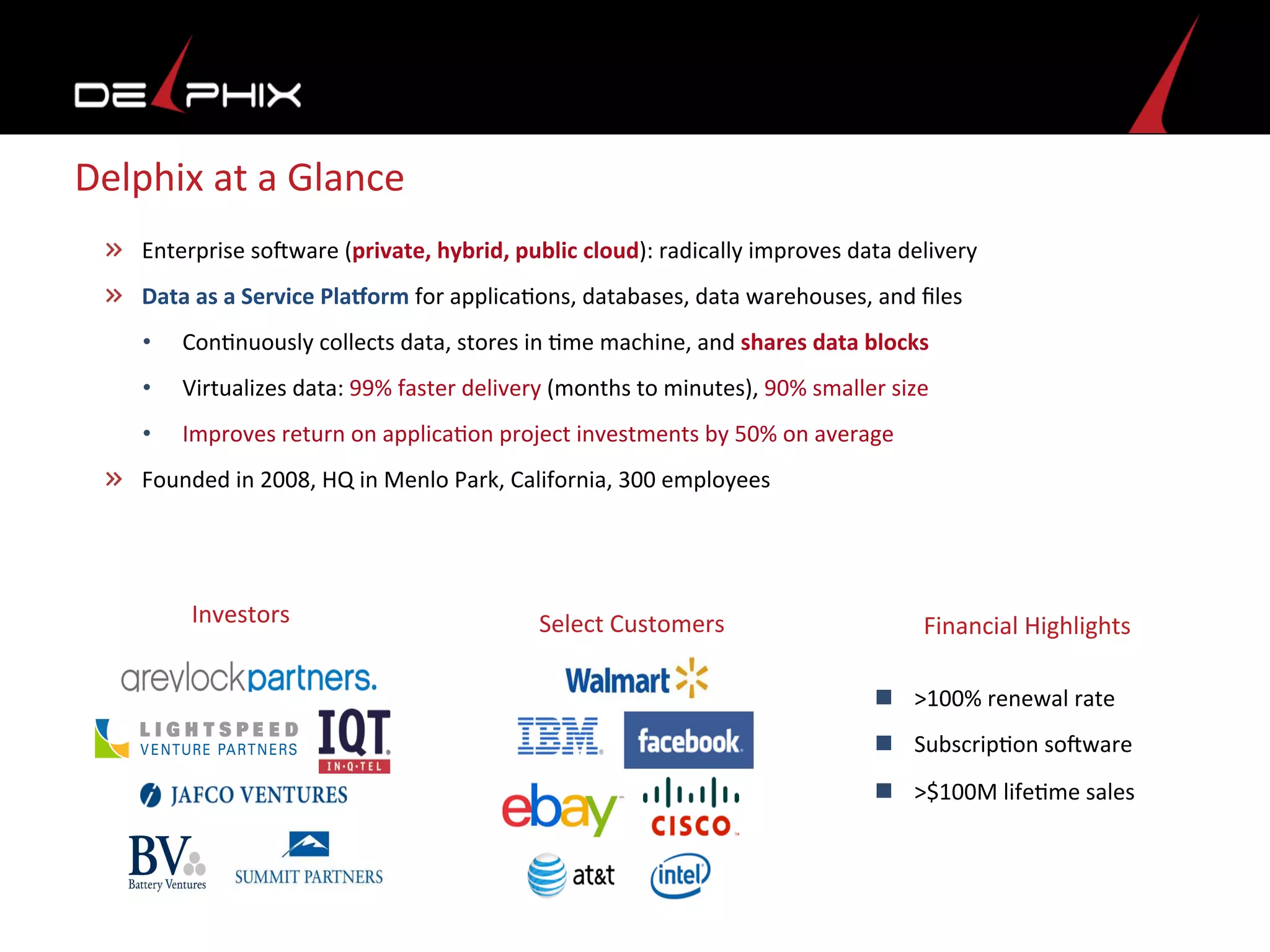 Delphix	
  at	
  a	
  Glance	
  
Enterprise	
  so2ware	
  (private,	
  hybrid,	
  public	
  cloud):	
  radically	
  improves	
  data	
  delivery	
  	
  
Data	
  as	
  a	
  Service	
  Pla6orm	
  for	
  applica<ons,	
  databases,	
  data	
  warehouses,	
  and	
  ﬁles	
  
•  Con<nuously	
  collects	
  data,	
  stores	
  in	
  <me	
  machine,	
  and	
  shares	
  data	
  blocks	
  	
  
•  Virtualizes	
  data:	
  99%	
  faster	
  delivery	
  (months	
  to	
  minutes),	
  90%	
  smaller	
  size	
  
•  Improves	
  return	
  on	
  applica<on	
  project	
  investments	
  by	
  50%	
  on	
  average	
  
Founded	
  in	
  2008,	
  HQ	
  in	
  Menlo	
  Park,	
  California,	
  300	
  employees	
  
Select	
  Customers	
  
n  >100%	
  renewal	
  rate	
  
n  Subscrip<on	
  so2ware	
  
n  >$100M	
  life<me	
  sales	
  
Financial	
  Highlights	
  
	
  
Investors	
  
 