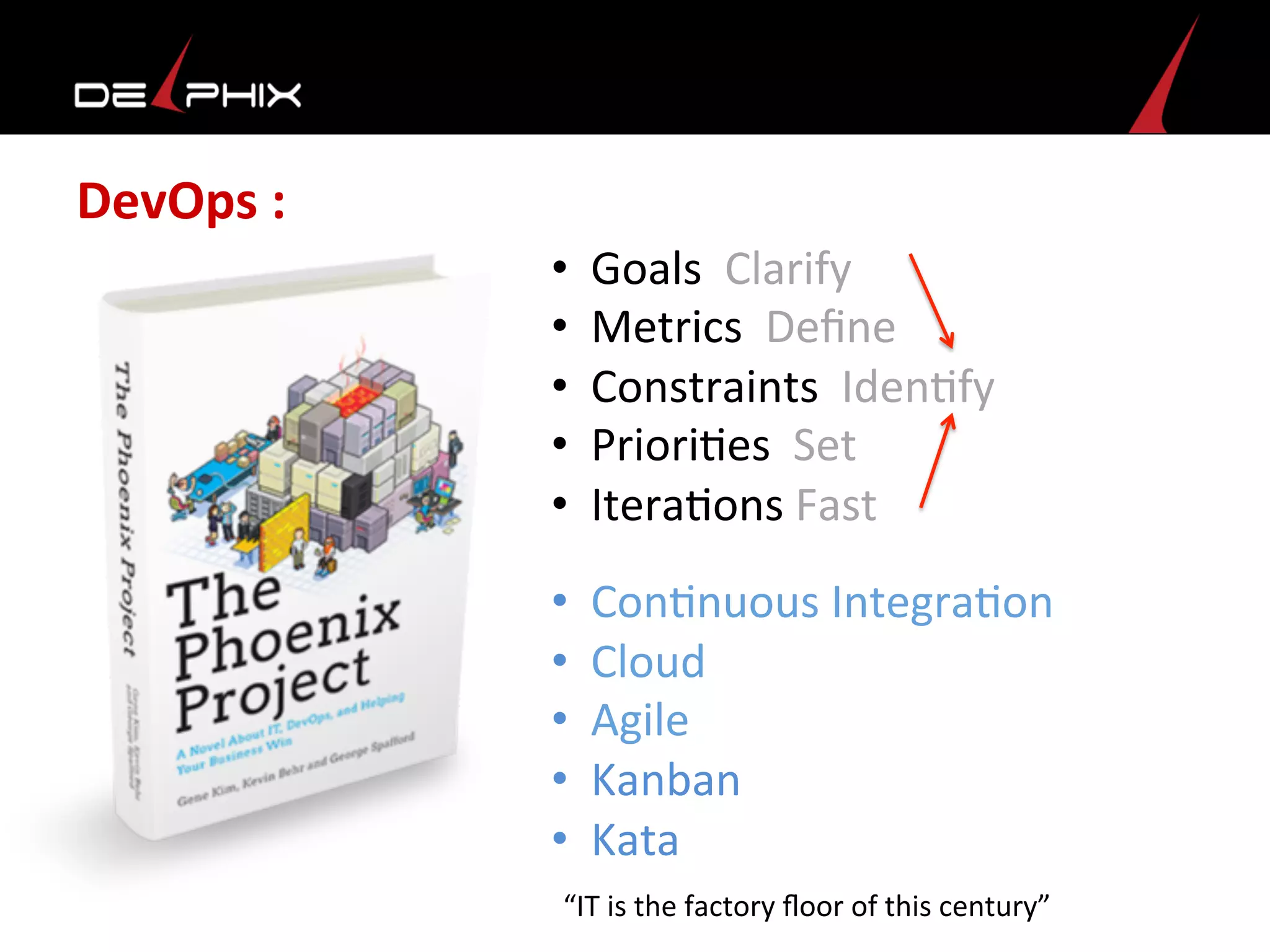 DevOps	
  :	
  	
  
•  Goals	
  	
  Clarify	
  	
  
•  Metrics	
  	
  Deﬁne	
  	
  
•  Constraints	
  	
  Iden<fy	
  	
  
•  Priori<es	
  	
  Set	
  	
  
•  Itera<ons	
  Fast	
  	
  
•  Con<nuous	
  Integra<on	
  
•  Cloud	
  	
  
•  Agile	
  	
  
•  Kanban	
  
•  Kata	
  
	
  
“IT	
  is	
  the	
  factory	
  ﬂoor	
  of	
  this	
  century”	
  
 