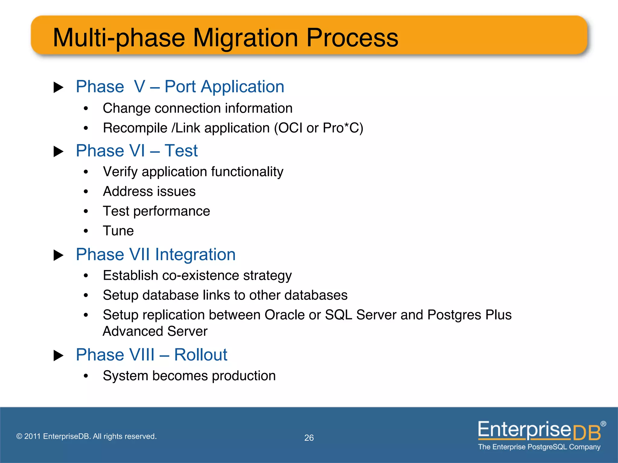 Multi-phase Migration Process"
          u     Phase V – Port Application
                   •  Change connection information"
                   •  Recompile /Link application (OCI or Pro*C)"
          u     Phase VI – Test
                   •     Verify application functionality"
                   •     Address issues"
                   •     Test performance "
                   •     Tune"
          u     Phase VII Integration
                   •  Establish co-existence strategy"
                   •  Setup database links to other databases"
                   •  Setup replication between Oracle or SQL Server and Postgres Plus
                      Advanced Server "
          u     Phase VIII – Rollout
                   •  System becomes production "



© 2011 EnterpriseDB. All rights reserved.                    26
 
