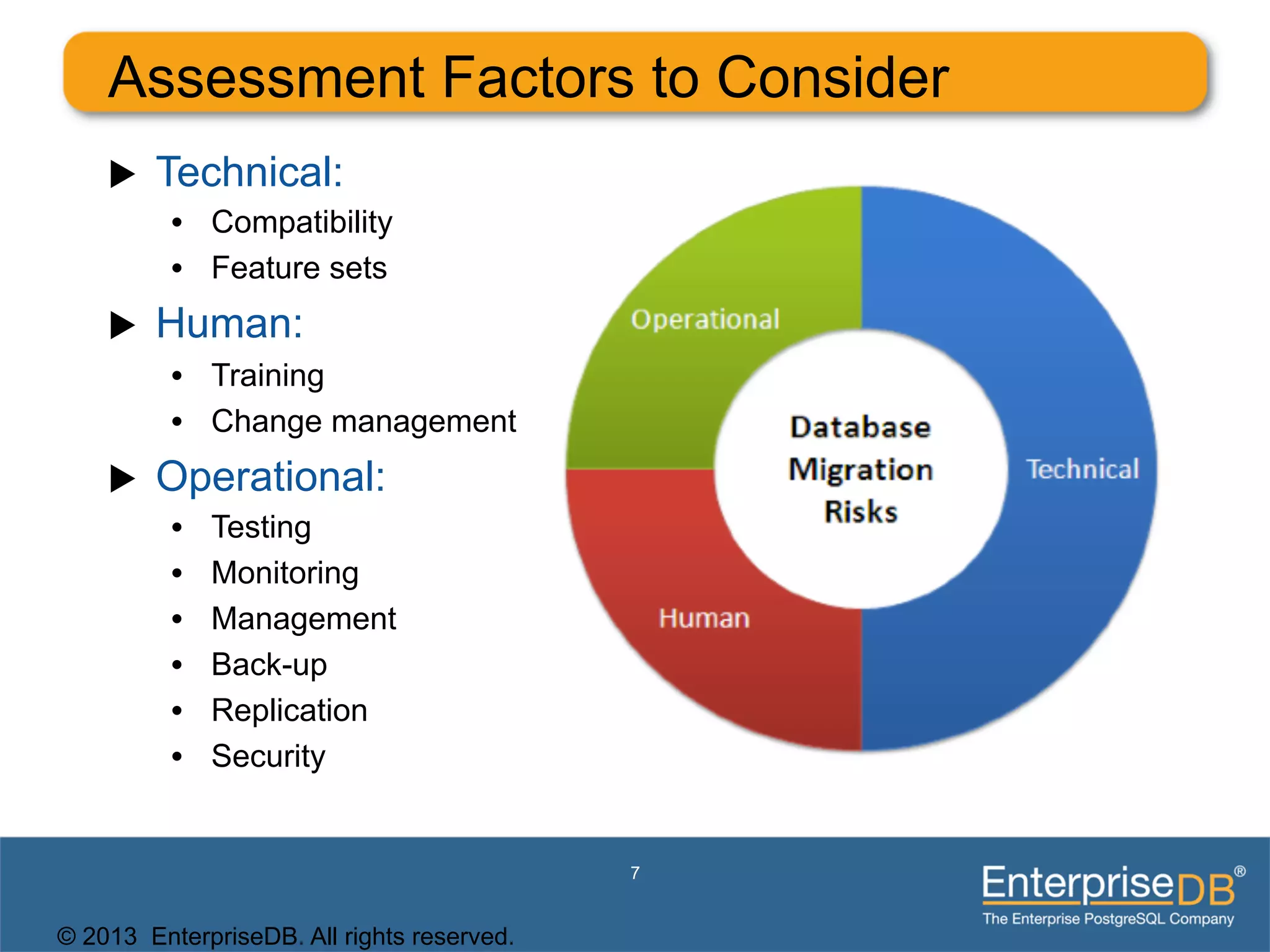 Assessment Factors to Consider
    u    Technical:
          •  Compatibility
          •  Feature sets
    u    Human:
          •  Training
          •  Change management
    u    Operational:
          •    Testing
          •    Monitoring
          •    Management
          •    Back-up
          •    Replication
          •    Security


                                            7


© 2013 EnterpriseDB. All rights reserved.
 