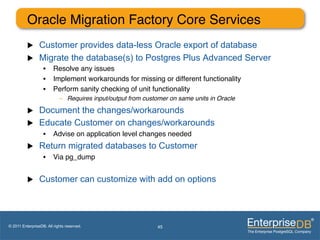Oracle Migration Factory Core Services"
          u     Customer provides data-less Oracle export of database
          u     Migrate the database(s) to Postgres Plus Advanced Server
                   •  Resolve any issues"
                   •  Implement workarounds for missing or different functionality"
                   •  Perform sanity checking of unit functionality"
                            –  Requires input/output from customer on same units in Oracle!

          u     Document the changes/workarounds
          u     Educate Customer on changes/workarounds
                   •  Advise on application level changes needed"
          u     Return migrated databases to Customer
                   •  Via pg_dump"


          u     Customer can customize with add on options




© 2011 EnterpriseDB. All rights reserved.                     45
 