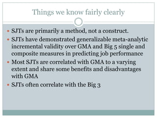 “If subgroup differences on a test exist, policies that permit retests by candidates who were unsuccessful on the test might inflate calculations of adverse impact.” (Lievens et al., 2005, p. 1005)Takeaway: If the degree of fakibility of an SJT depends on its GMA load, SJTs might just be contaminated g tests or low-reliability job knowledge tests.
