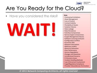 Are You Ready for the Cloud?
• Have you considered the risks?                  Risks
                                                  • Contractual Limitations
                                                  • Asset Management
                                                  • Loss of Control




WAIT!
                                                  • Limited Visibility
                                                  • Portability of Assets
                                                  • Isolation Failures
                                                  • Data Leakage
                                                  • Data Persistence
                                                  • Interface Compromises
                                                  • Service Engine Compromises
                                                  • Crypto Management Failures
                                                  • Software Licensing Confusion
                                                  • Configuration Conflicts
                                                  • Economic DOS
                                                  • Network Interception
                                                  • Malicious Insiders
                                                  • Resource Exhaustion
                                                  • Poor Performance
                                                  • Service Degradation
                                                  • Outages and Downtime
                                                  • Jurisdictional Concerns
                                                  • E-Discovery Issues
                                                  • Incident Handling Methods
                                                  • Law Enforcement Involvement
                                                  • Legal/Regulatory Compliance
                                                  • Provider Failure/Service Termination


        © 2011 Network Computing Architects, all rights reserved
 