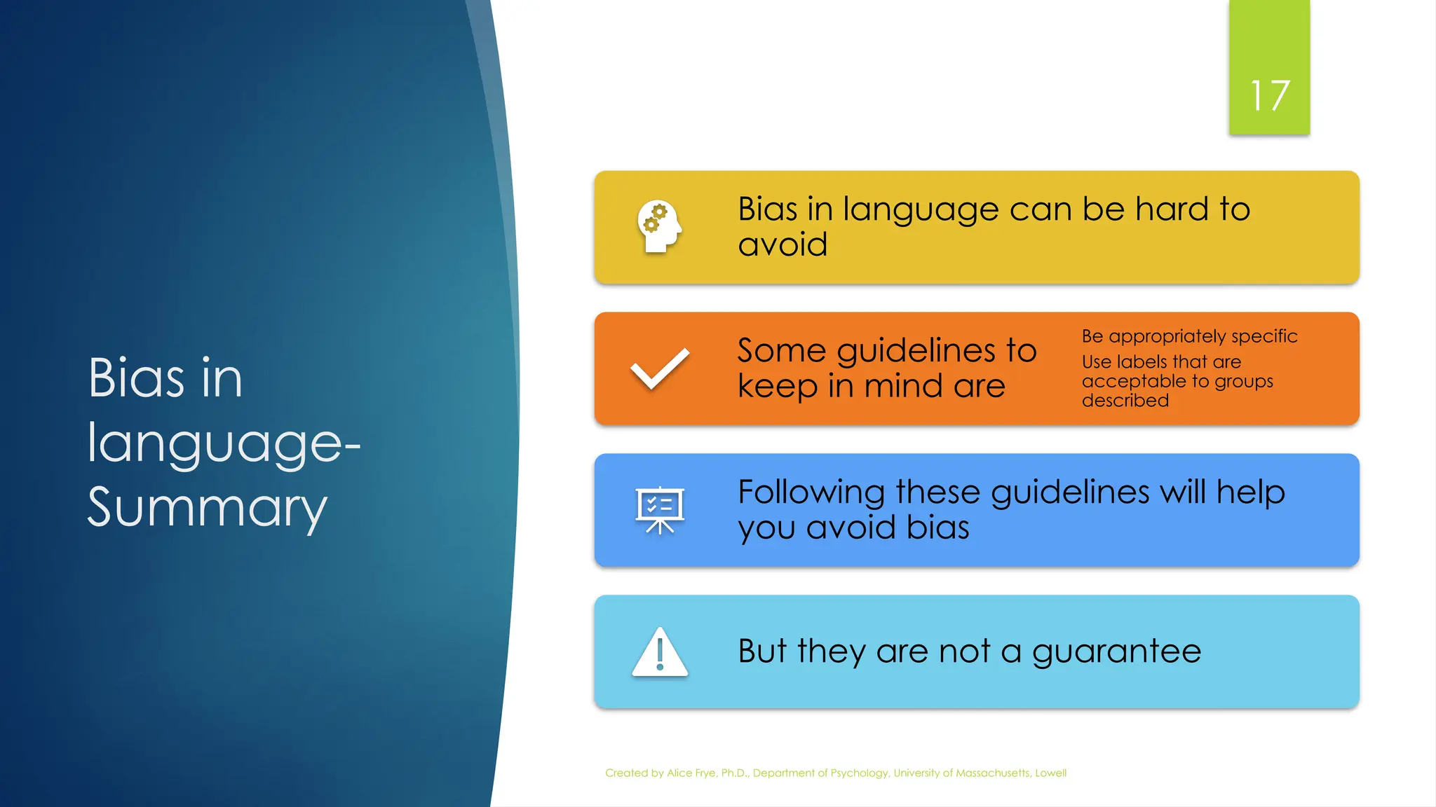Bias in
language-
Summary
17
Created by Alice Frye, Ph.D., Department of Psychology, University of Massachusetts, Lowell
Bias in language can be hard to
avoid
Some guidelines to
keep in mind are
Be appropriately specific
Use labels that are
acceptable to groups
described
Following these guidelines will help
you avoid bias
But they are not a guarantee
 