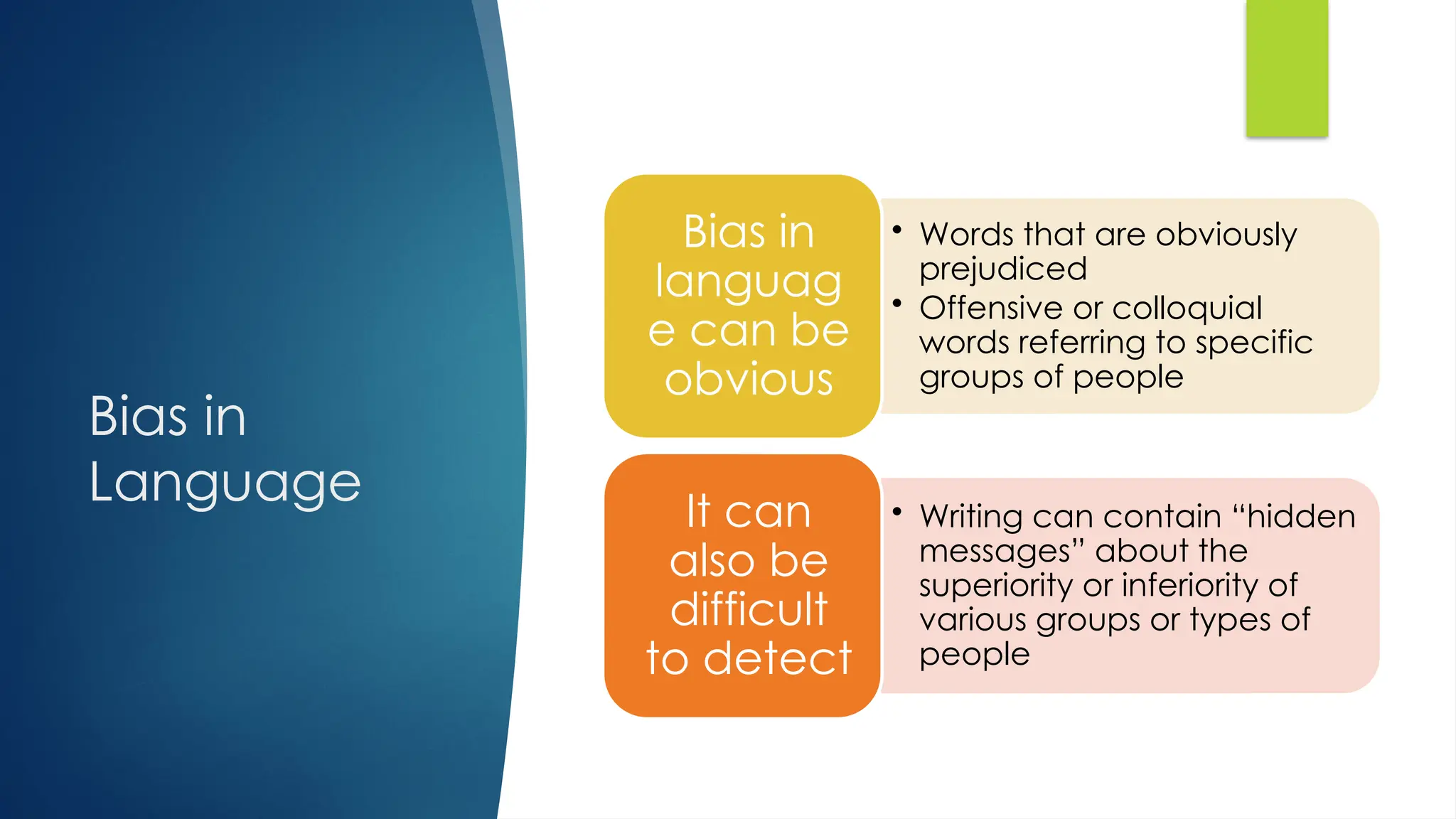 Bias in
Language
• Words that are obviously
prejudiced
• Offensive or colloquial
words referring to specific
groups of people
Bias in
languag
e can be
obvious
• Writing can contain “hidden
messages” about the
superiority or inferiority of
various groups or types of
people
It can
also be
difficult
to detect
 